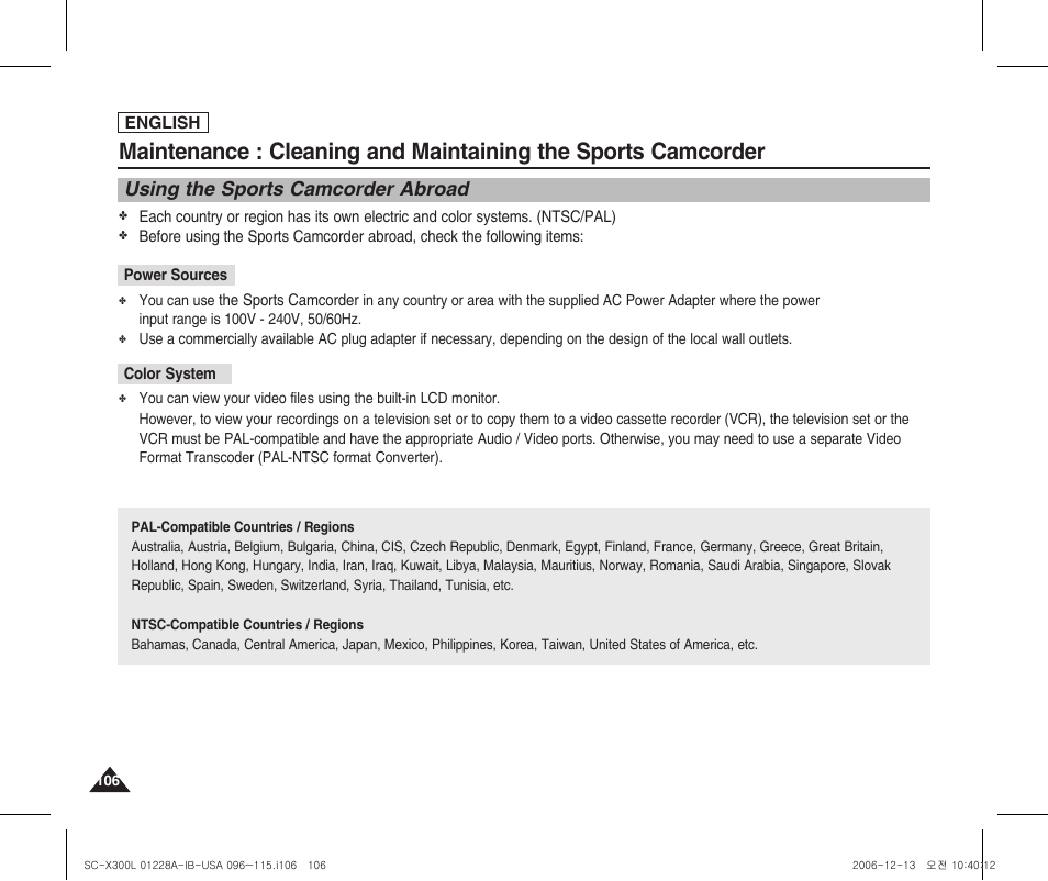 Using the sports camcorder abroad | Samsung SC-X300L-XAA User Manual | Page 110 / 119