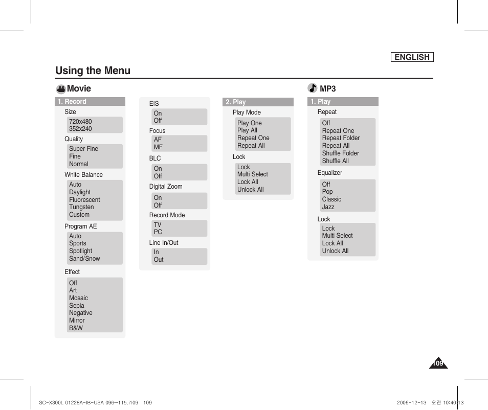 Using the menu, Movie | Samsung SC-X300L-XAA User Manual | Page 113 / 119