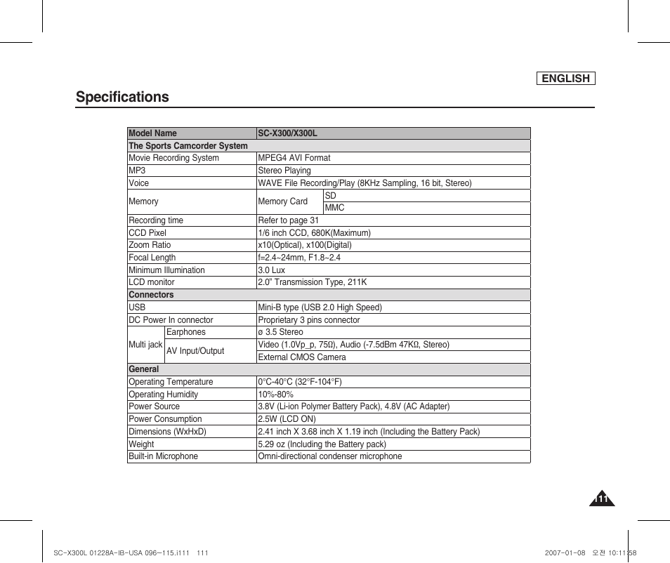 Specifications | Samsung SC-X300L-XAA User Manual | Page 115 / 119