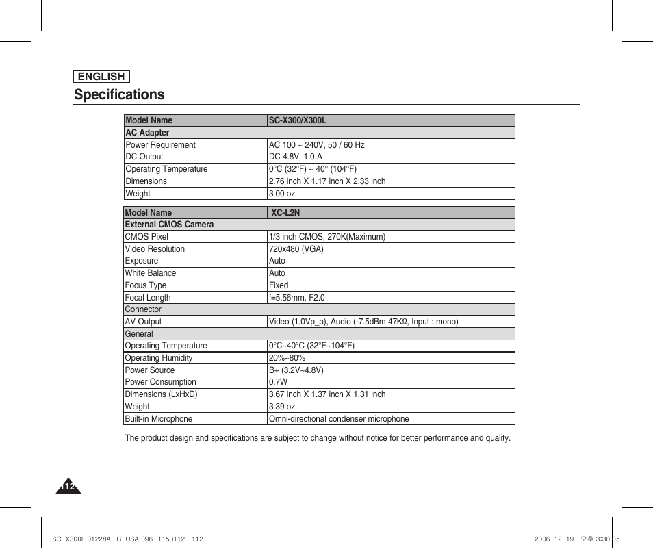 Specifications | Samsung SC-X300L-XAA User Manual | Page 116 / 119