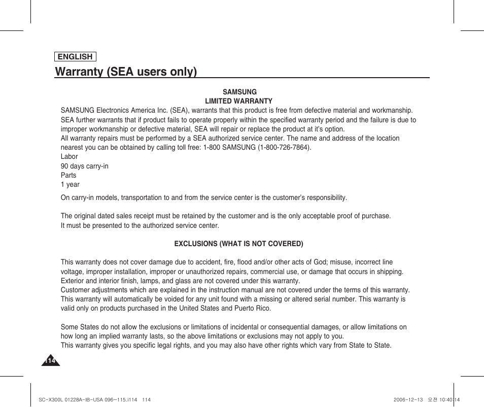 Warranty (sea users only) | Samsung SC-X300L-XAA User Manual | Page 118 / 119