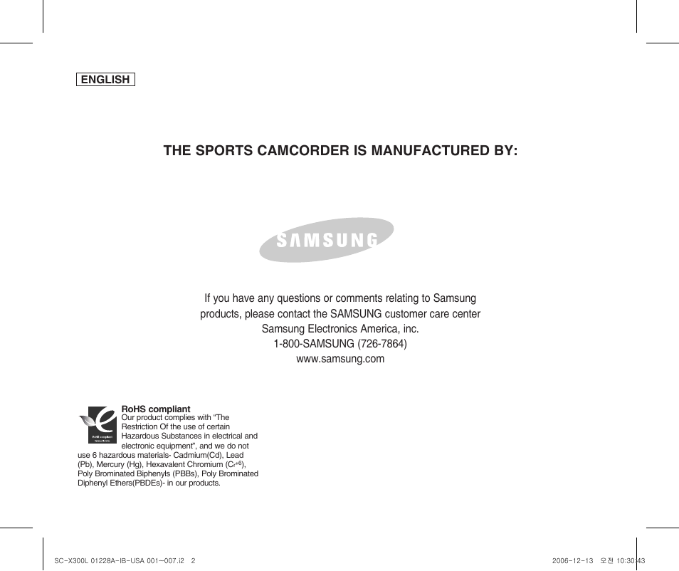 The sports camcorder is manufactured by | Samsung SC-X300L-XAA User Manual | Page 119 / 119