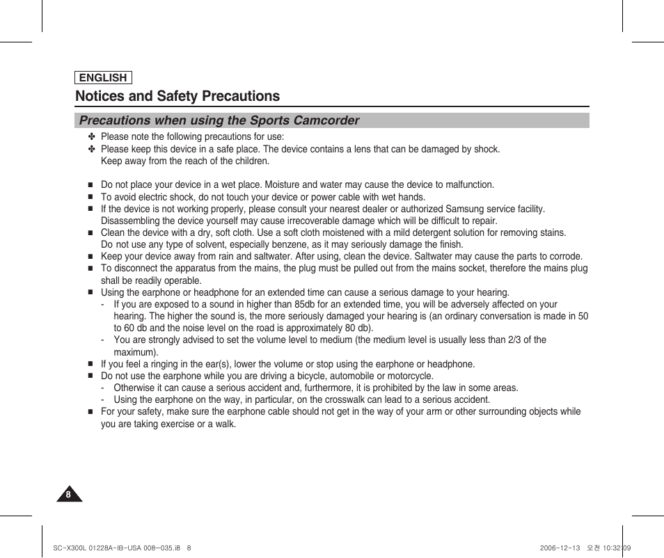 Notices and safety precautions, Precautions when using the sports camcorder | Samsung SC-X300L-XAA User Manual | Page 12 / 119