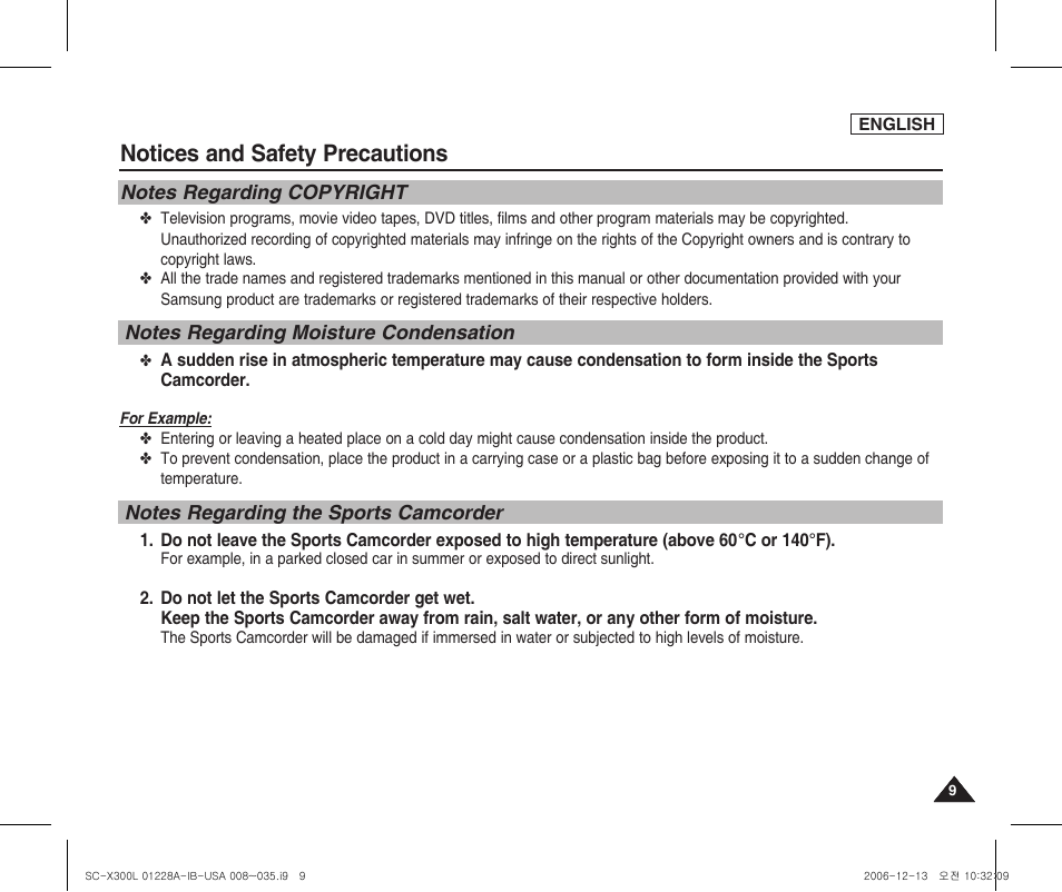 Notes regarding copyright, Notes regarding moisture condensation, Notes regarding the sports camcorder | Notices and safety precautions | Samsung SC-X300L-XAA User Manual | Page 13 / 119