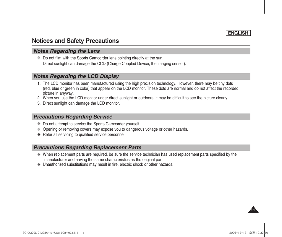 Notes regarding the lens, Notes regarding the lcd display, Precautions regarding service | Precautions regarding replacement parts, Notices and safety precautions | Samsung SC-X300L-XAA User Manual | Page 15 / 119