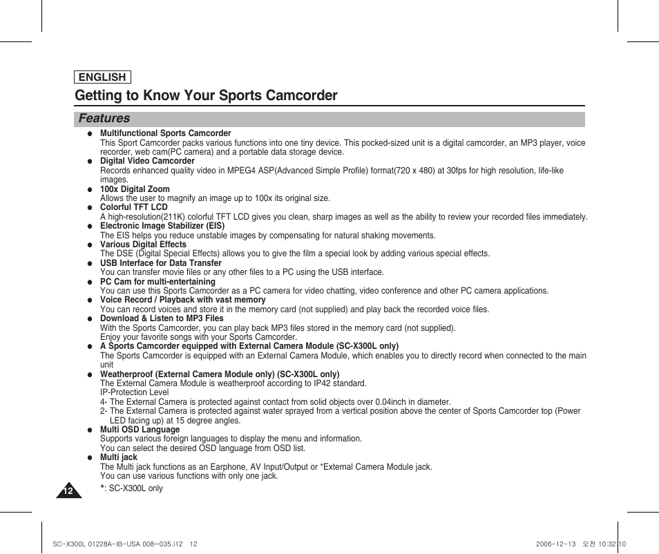 Getting to know your sports camcorder, Features | Samsung SC-X300L-XAA User Manual | Page 16 / 119