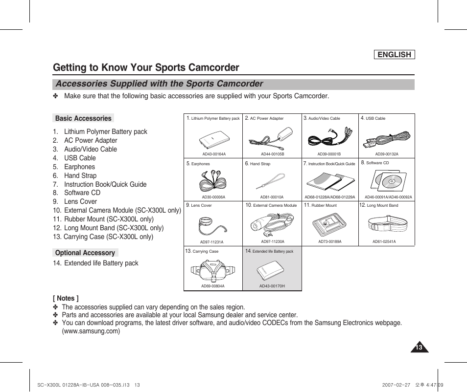 Accessories supplied with the sports camcorder, Getting to know your sports camcorder, English | Samsung SC-X300L-XAA User Manual | Page 17 / 119