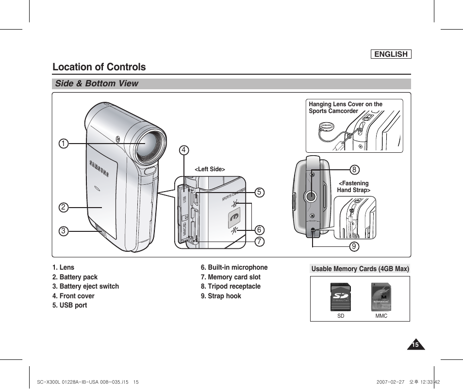 Side & bottom view, Location of controls | Samsung SC-X300L-XAA User Manual | Page 19 / 119