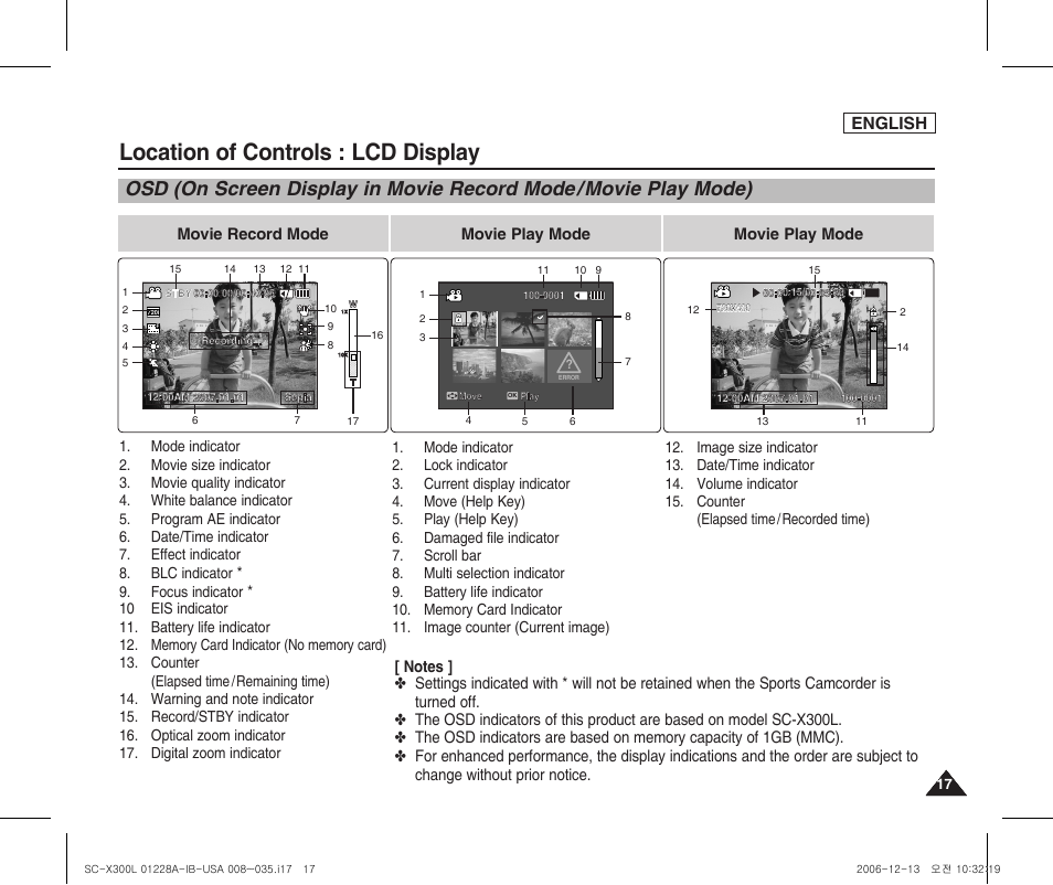 Lcd display, Location of controls : lcd display, English | Movie record mode, Movie play mode, Focus indicator | Samsung SC-X300L-XAA User Manual | Page 21 / 119