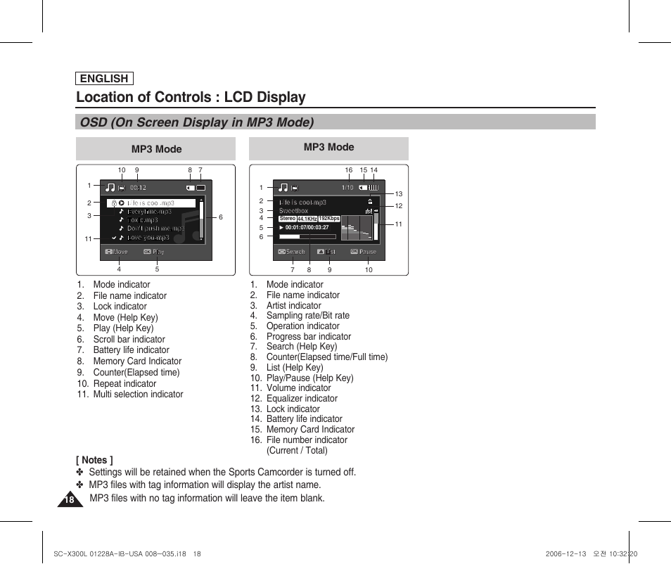 Osd (on screen display in mp3 mode), Location of controls : lcd display, English | Mp3 mode | Samsung SC-X300L-XAA User Manual | Page 22 / 119