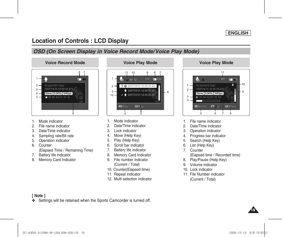 Location of controls : lcd display, English, Voice record mode | Voice play mode | Samsung SC-X300L-XAA User Manual | Page 23 / 119