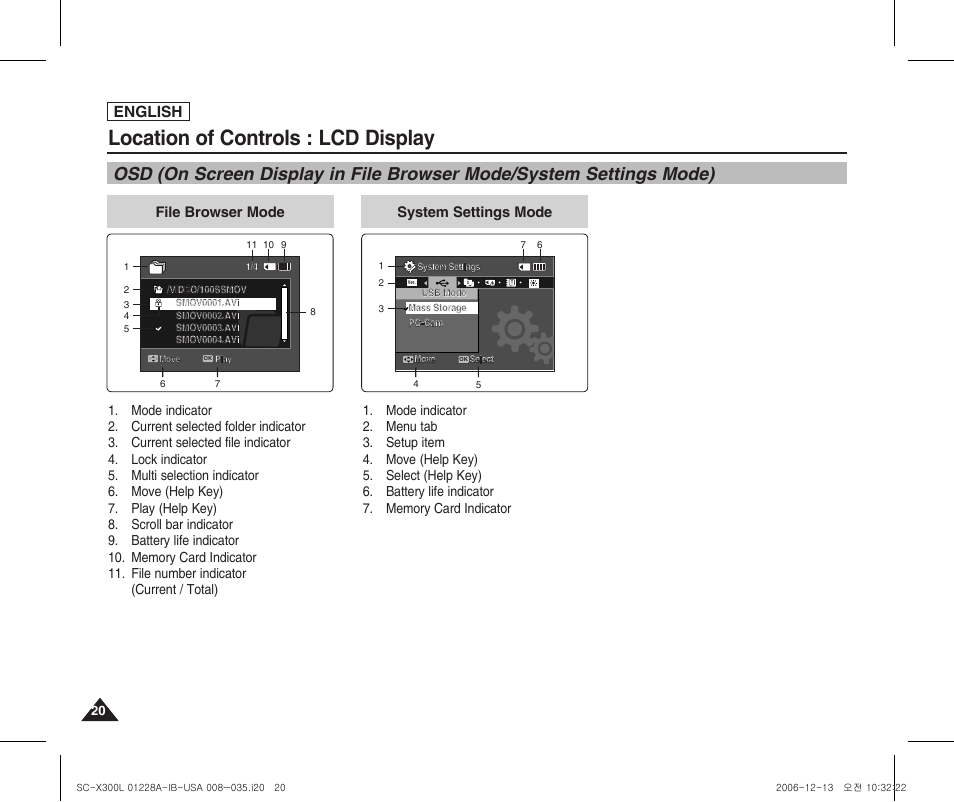 Location of controls : lcd display, English, File browser mode | System settings mode | Samsung SC-X300L-XAA User Manual | Page 24 / 119