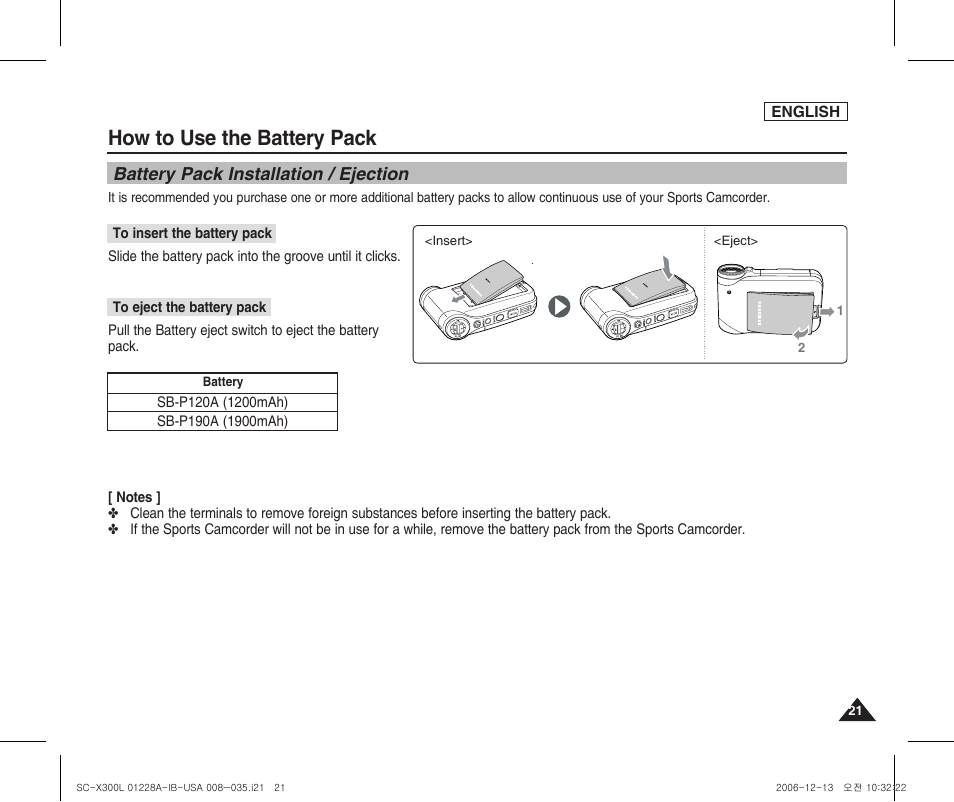 How to use the battery pack, Battery pack installation / ejection | Samsung SC-X300L-XAA User Manual | Page 25 / 119