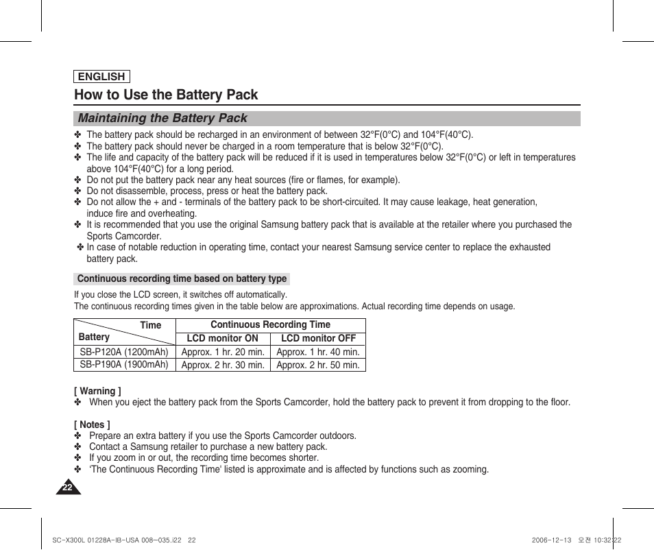 Maintaining the battery pack, How to use the battery pack | Samsung SC-X300L-XAA User Manual | Page 26 / 119