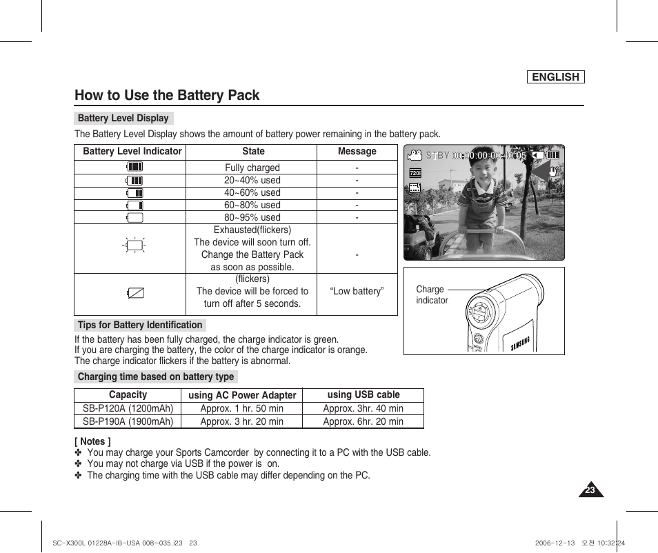 How to use the battery pack | Samsung SC-X300L-XAA User Manual | Page 27 / 119