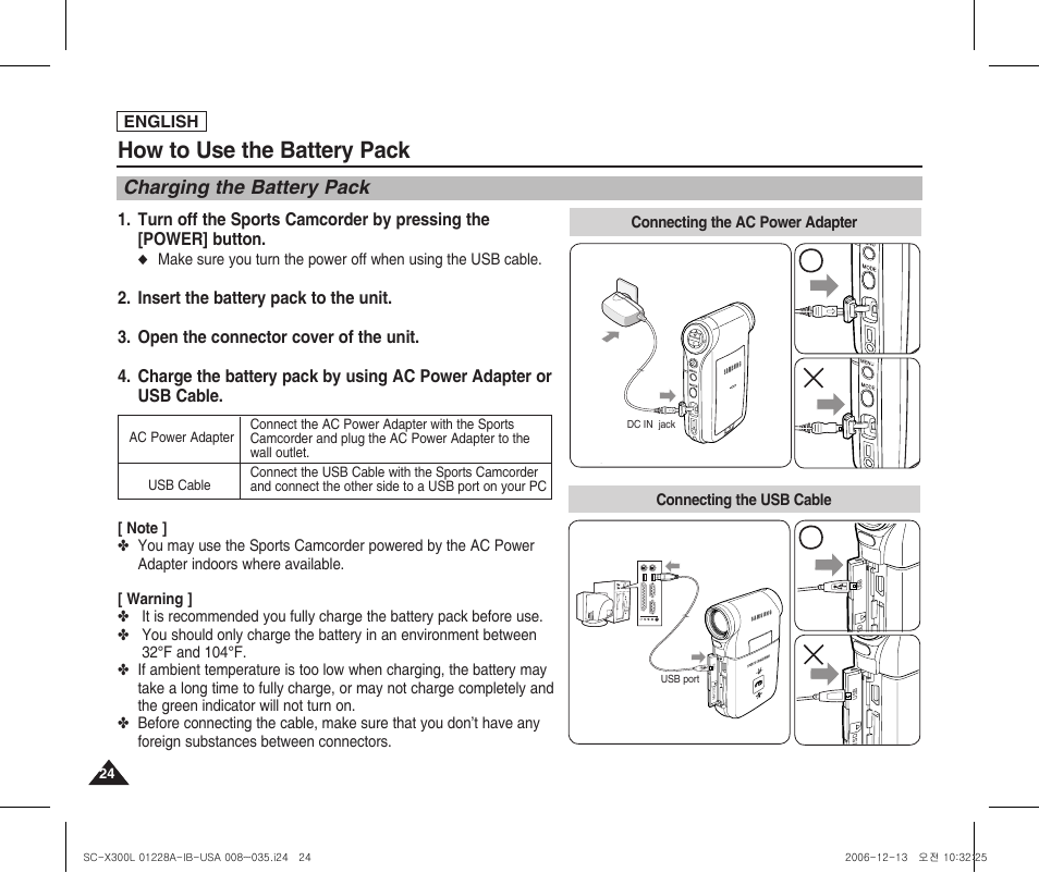 Charging the battery pack, How to use the battery pack | Samsung SC-X300L-XAA User Manual | Page 28 / 119