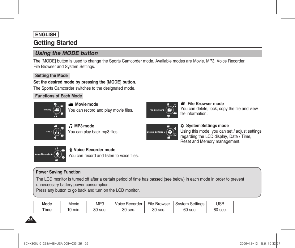 Using the mode button, Getting started, English | Samsung SC-X300L-XAA User Manual | Page 30 / 119