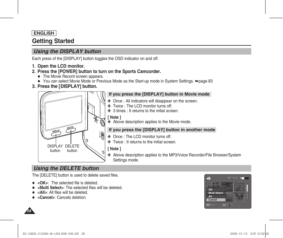 Using the display button, Using the delete button, Getting started | Using the display button using the delete button, Press the [display] button | Samsung SC-X300L-XAA User Manual | Page 32 / 119