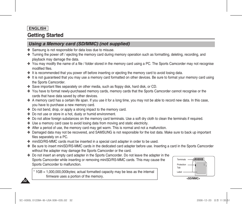 Using a memory card (sd/mmc) (not supplied), Getting started | Samsung SC-X300L-XAA User Manual | Page 36 / 119