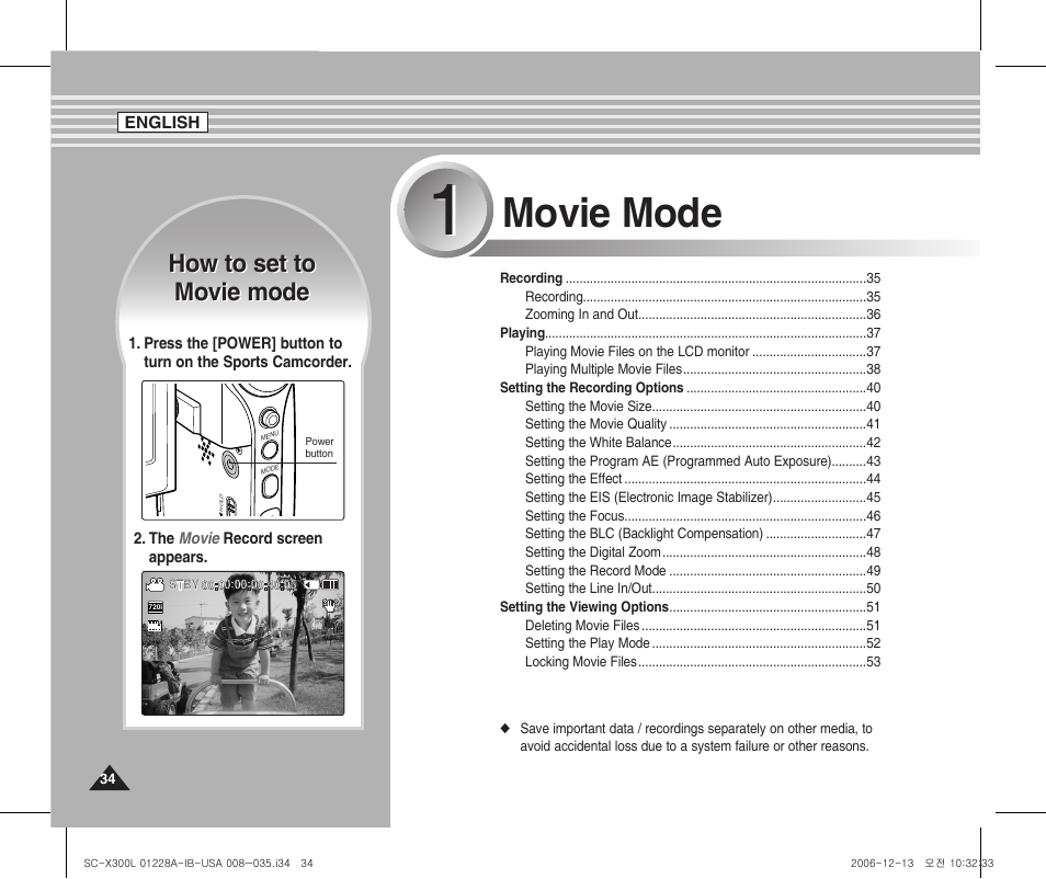 Movie mode, How to set to movie mode how to set to movie mode | Samsung SC-X300L-XAA User Manual | Page 38 / 119