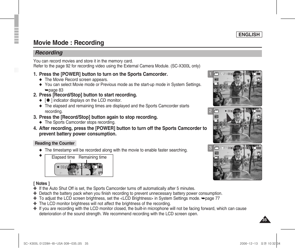 Recording, Movie mode : recording, Press [record/stop] button to start recording | English, The movie record screen appears, Indicator displays on the lcd monitor, The sports camcorder stops recording, Elapsed time remaining time | Samsung SC-X300L-XAA User Manual | Page 39 / 119