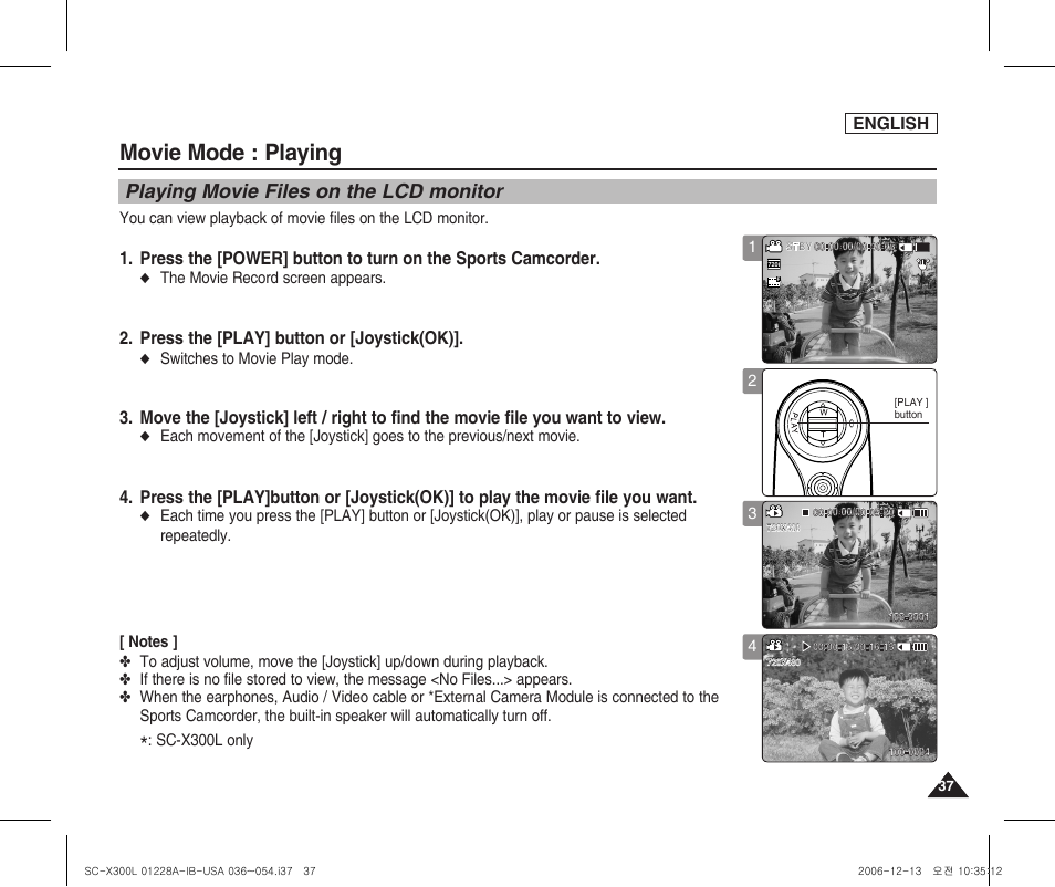 Playing, Playing movie files on the lcd monitor, Movie mode : playing | Press the [play] button or [joystick(ok), English, The movie record screen appears, Switches to movie play mode | Samsung SC-X300L-XAA User Manual | Page 41 / 119