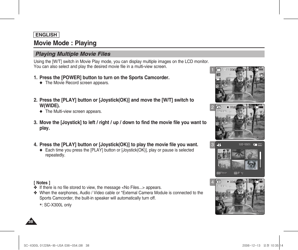 Playing multiple movie files, Movie mode : playing, English | The movie record screen appears, The multi-view screen appears, Sc-x300l only | Samsung SC-X300L-XAA User Manual | Page 42 / 119