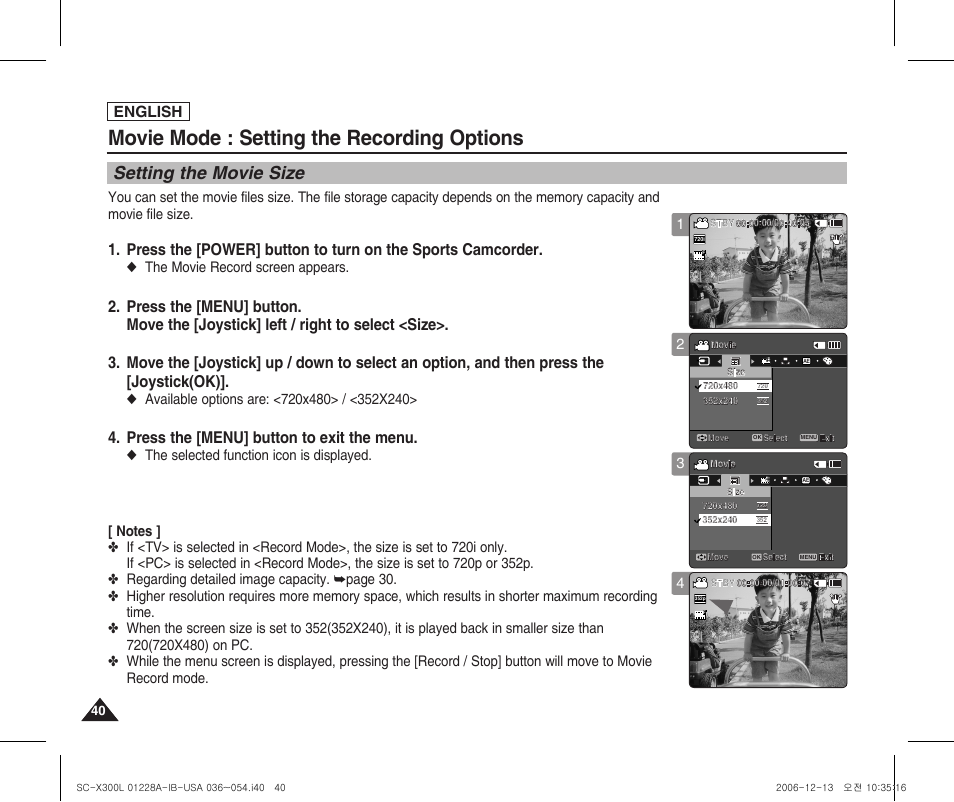 Setting the recording options, Setting the movie size, Movie mode : setting the recording options | Press the [menu] button, Press the [menu] button to exit the menu, English, The movie record screen appears | Samsung SC-X300L-XAA User Manual | Page 44 / 119