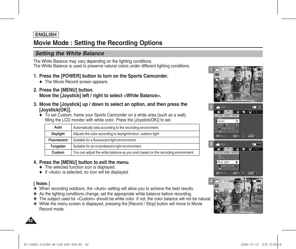 Setting the white balance, Movie mode : setting the recording options, Press the [menu] button to exit the menu | English, The movie record screen appears, The selected function icon is displayed | Samsung SC-X300L-XAA User Manual | Page 46 / 119