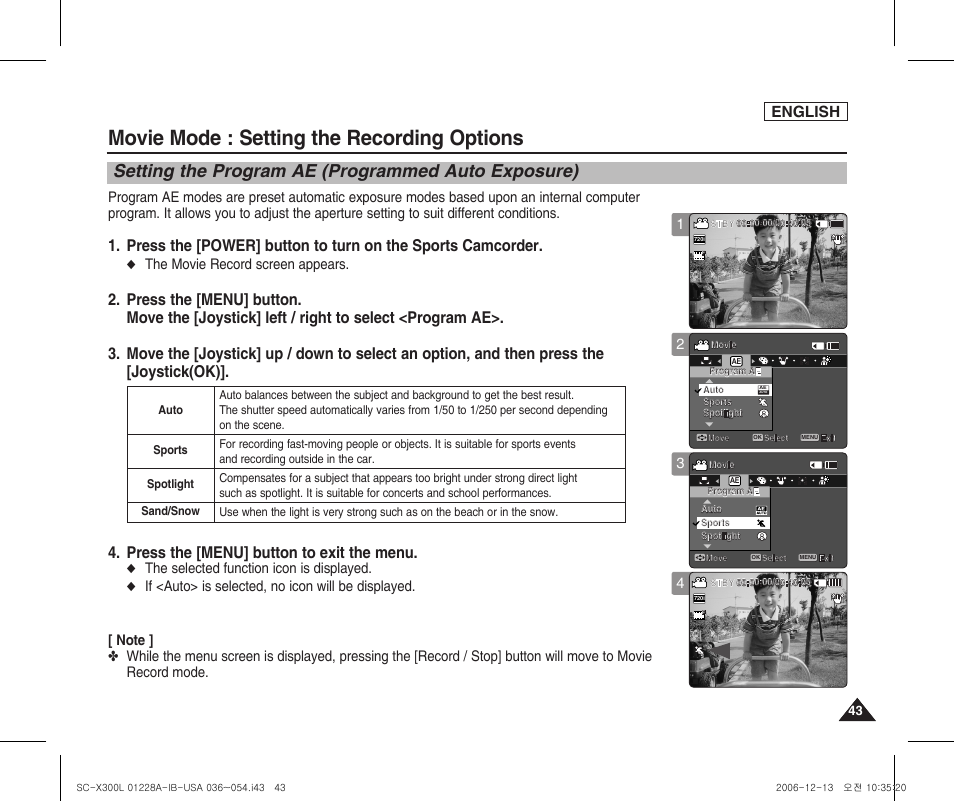 Setting the program ae (programmed auto exposure), Movie mode : setting the recording options, Press the [menu] button to exit the menu | English, The movie record screen appears, The selected function icon is displayed | Samsung SC-X300L-XAA User Manual | Page 47 / 119