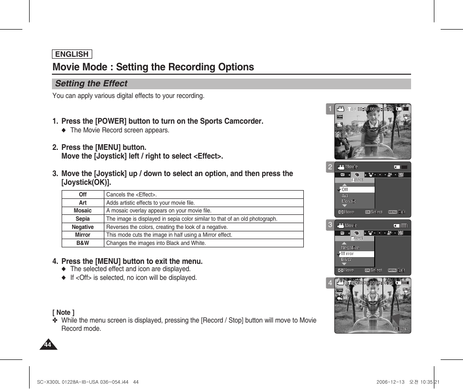 Setting the effect, Movie mode : setting the recording options, Press the [menu] button to exit the menu | English, The movie record screen appears, The selected effect and icon are displayed | Samsung SC-X300L-XAA User Manual | Page 48 / 119