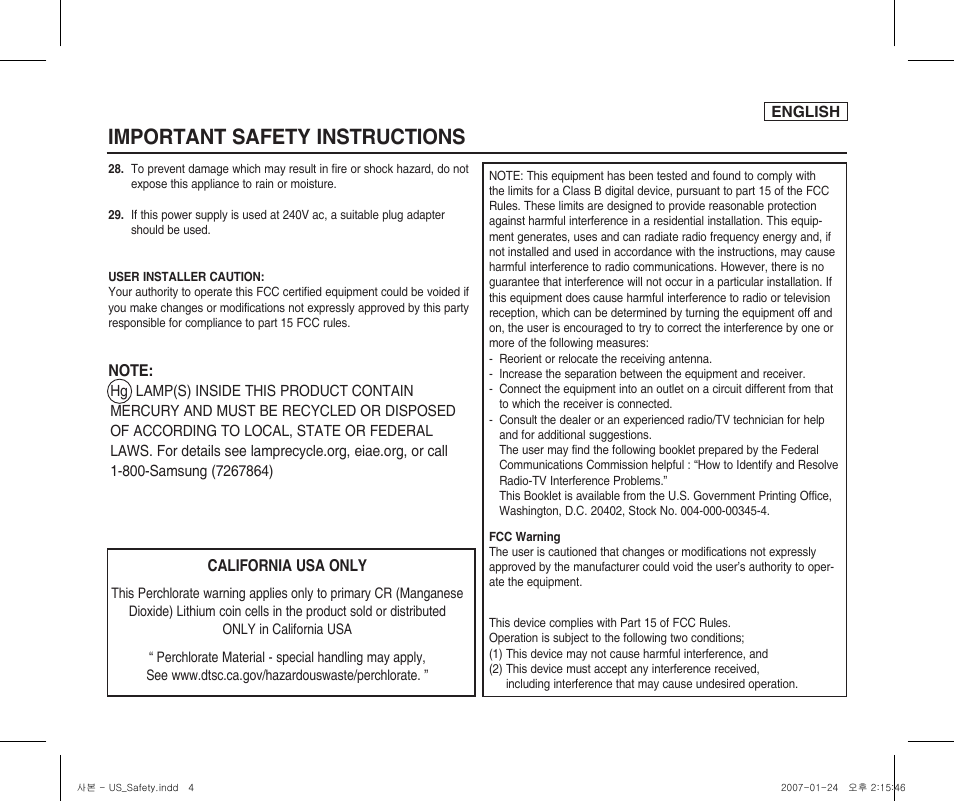 Important safety instructions, California usa only | Samsung SC-X300L-XAA User Manual | Page 5 / 119