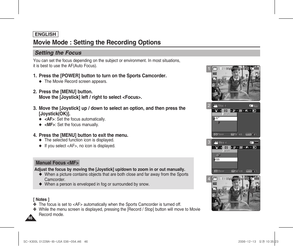 Setting the focus, Movie mode : setting the recording options, Press the [menu] button to exit the menu | Manual focus <mf, English, The movie record screen appears, Af> : set the focus automatically, Mf> : set the focus manually, The selected function icon is displayed, If you select <af>, no icon is displayed | Samsung SC-X300L-XAA User Manual | Page 50 / 119