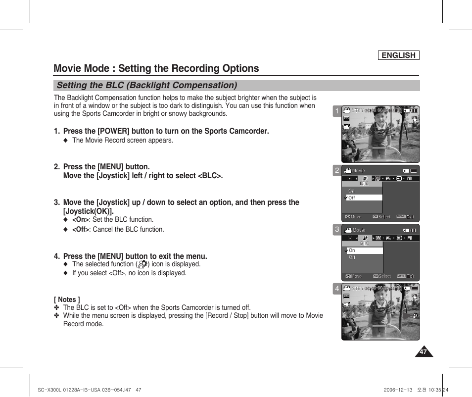 Setting the blc (backlight compensation), Movie mode : setting the recording options, Press the [menu] button to exit the menu | English, The movie record screen appears, On> : set the blc function, Off> : cancel the blc function, The selected function ( ) icon is displayed | Samsung SC-X300L-XAA User Manual | Page 51 / 119