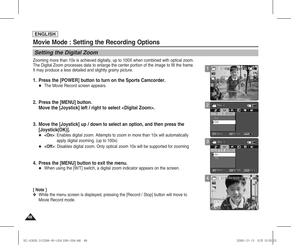 Setting the digital zoom, Movie mode : setting the recording options, Press the [menu] button to exit the menu | English, The movie record screen appears | Samsung SC-X300L-XAA User Manual | Page 52 / 119