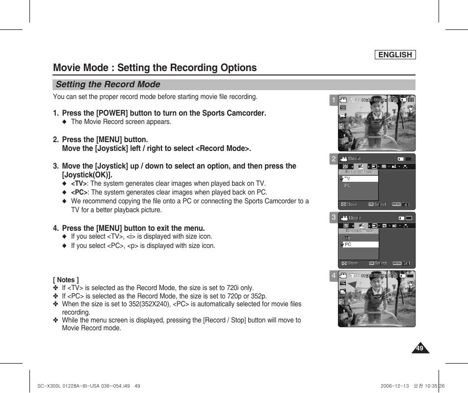 Setting the record mode, Movie mode : setting the recording options, Press the [menu] button to exit the menu | English, The movie record screen appears | Samsung SC-X300L-XAA User Manual | Page 53 / 119