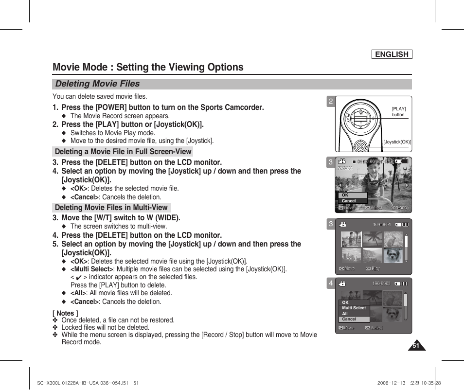 Setting the viewing options, Deleting movie files, Movie mode : setting the viewing options | Press the [play] button or [joystick(ok), Move the [w/t] switch to w (wide), English | Samsung SC-X300L-XAA User Manual | Page 55 / 119