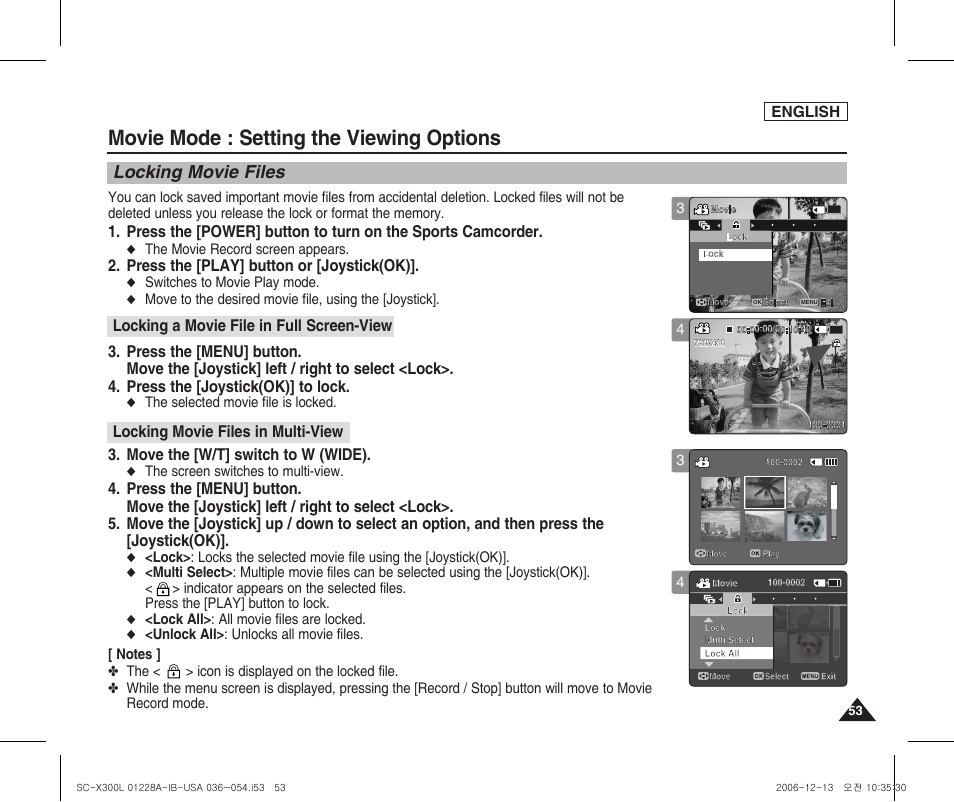 Locking movie files, Movie mode : setting the viewing options, Press the [play] button or [joystick(ok) | Move the [w/t] switch to w (wide) | Samsung SC-X300L-XAA User Manual | Page 57 / 119