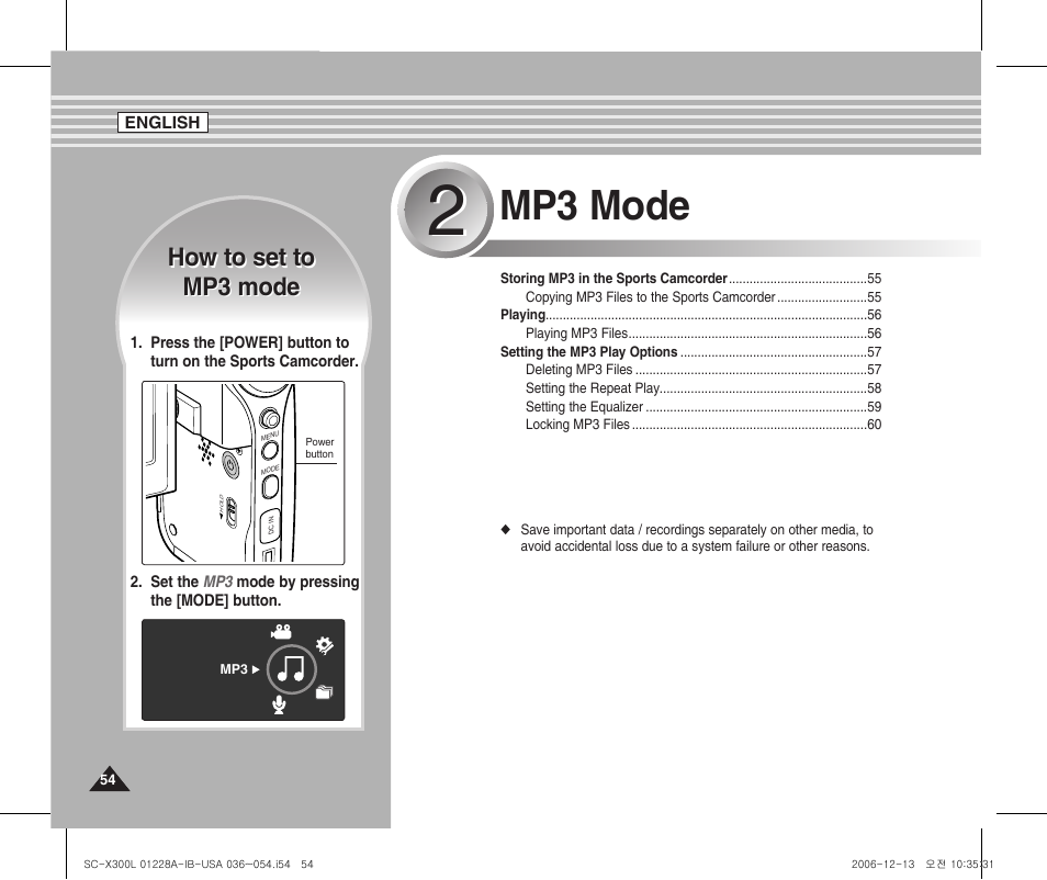 Mp3 mode, How to set to mp3 mode how to set to mp3 mode | Samsung SC-X300L-XAA User Manual | Page 58 / 119