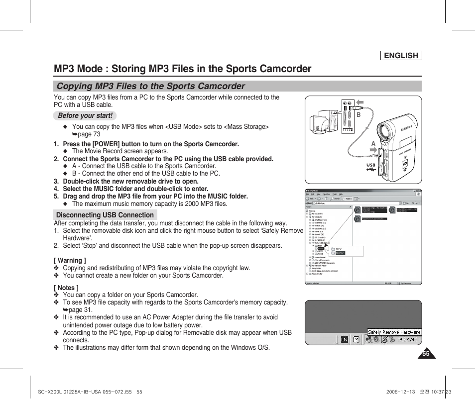 Storing mp3 files in the sports camcorder, Copying mp3 files to the sports camcorder | Samsung SC-X300L-XAA User Manual | Page 59 / 119