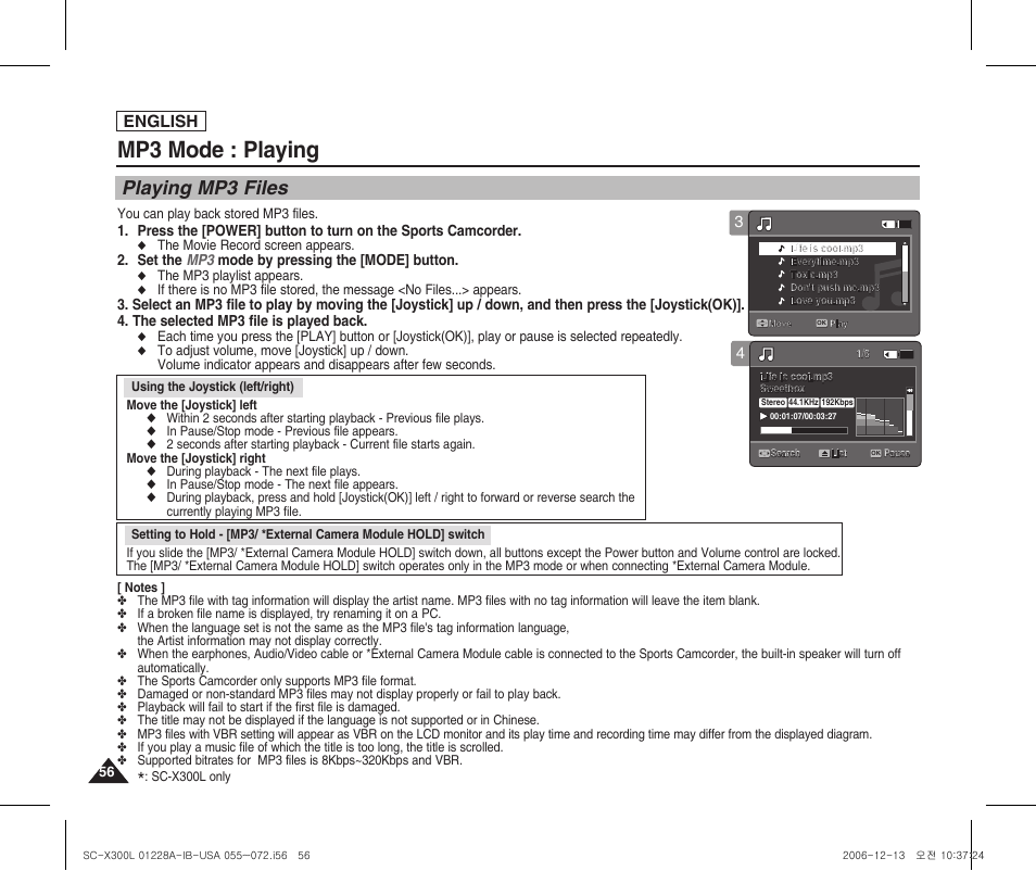 Playing, Playing mp3 files, Mp3 mode : playing | English | Samsung SC-X300L-XAA User Manual | Page 60 / 119