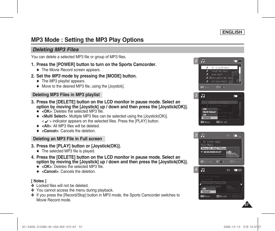 Setting the mp3 play options, Deleting mp3 files, Mp3 mode : setting the mp3 play options | Samsung SC-X300L-XAA User Manual | Page 61 / 119