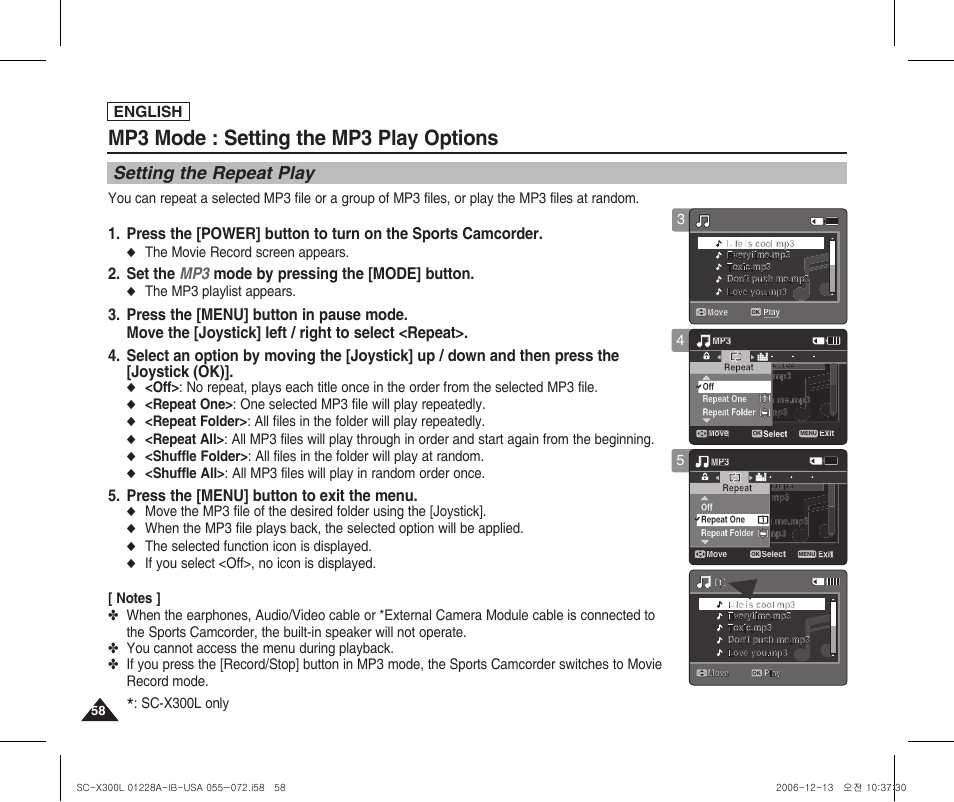 Setting the repeat play, Mp3 mode : setting the mp3 play options, Set the mp3 mode by pressing the [mode] button | Press the [menu] button to exit the menu, English, The movie record screen appears, The mp3 playlist appears, The selected function icon is displayed, Sc-x300l only 4 | Samsung SC-X300L-XAA User Manual | Page 62 / 119