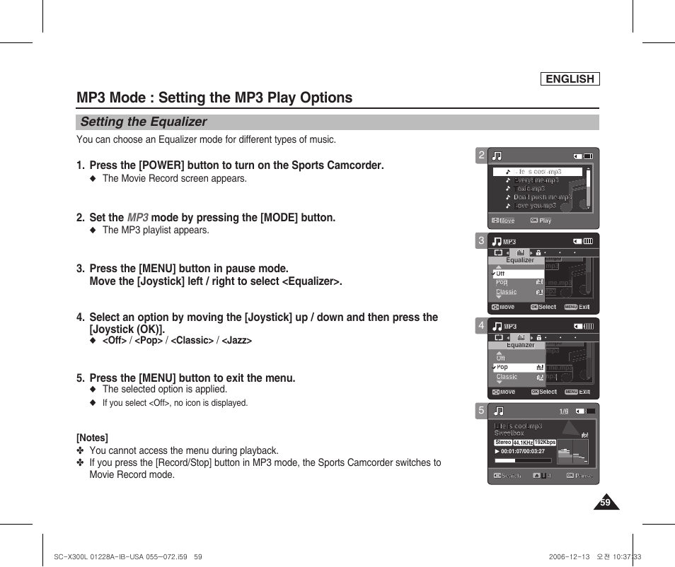 Setting the equalizer, Mp3 mode : setting the mp3 play options, Set the mp3 mode by pressing the [mode] button | Press the [menu] button to exit the menu, English, The movie record screen appears, The mp3 playlist appears, Off> / <pop> / <classic> / <jazz, The selected option is applied, If you select <off>, no icon is displayed | Samsung SC-X300L-XAA User Manual | Page 63 / 119