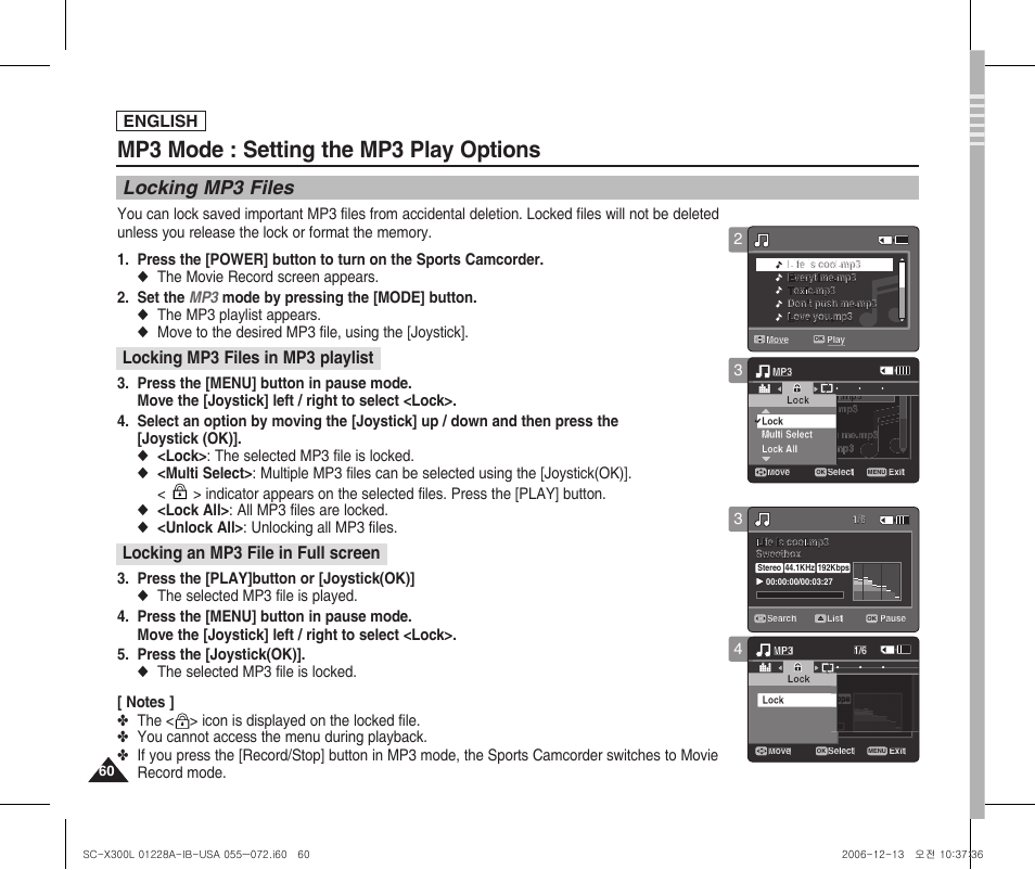 Locking mp3 files, Mp3 mode : setting the mp3 play options, Locking an mp3 file in full screen | Locking mp3 files in mp3 playlist, English | Samsung SC-X300L-XAA User Manual | Page 64 / 119