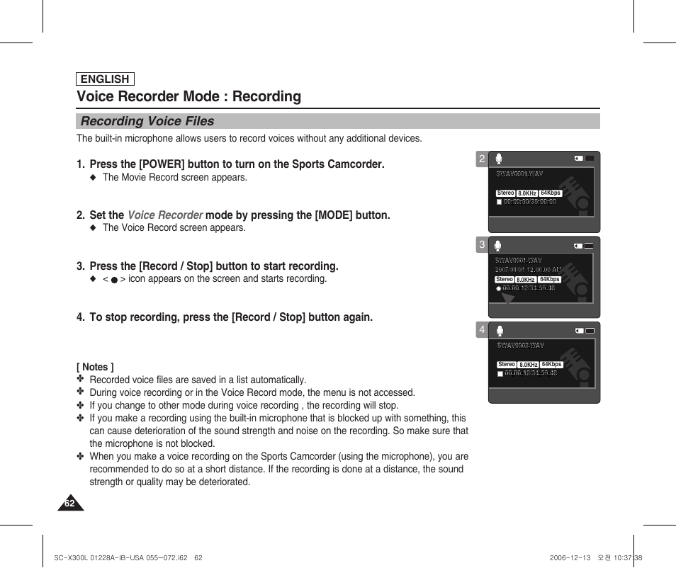 Recording, Recording voice files, Voice recorder mode : recording | Samsung SC-X300L-XAA User Manual | Page 66 / 119