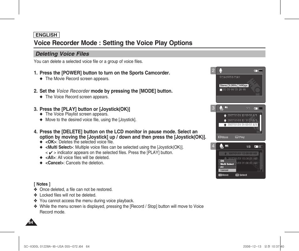 Setting the voice play options, Deleting voice files, Press the [play] button or [joystick(ok) | English | Samsung SC-X300L-XAA User Manual | Page 68 / 119