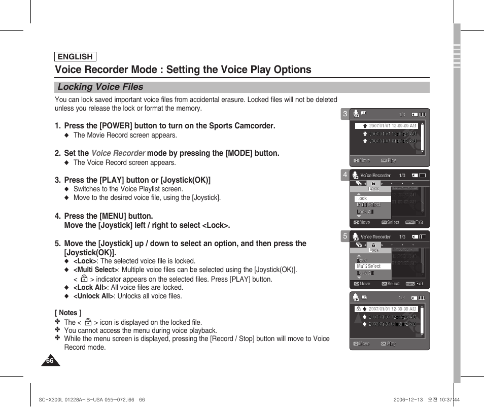 Locking voice files, Press the [play] button or [joystick(ok), English | The movie record screen appears, The voice record screen appears, Switches to the voice playlist screen, Lock> : the selected voice file is locked, Lock all> : all voice files are locked | Samsung SC-X300L-XAA User Manual | Page 70 / 119