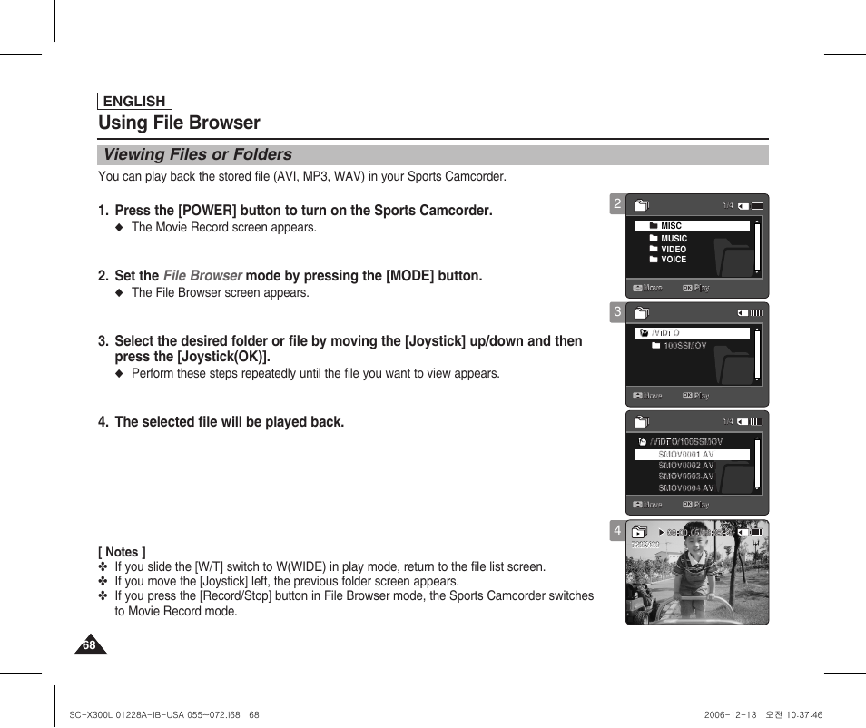 Viewing files or folders, Using file browser, The selected file will be played back | English, The movie record screen appears, The file browser screen appears | Samsung SC-X300L-XAA User Manual | Page 72 / 119