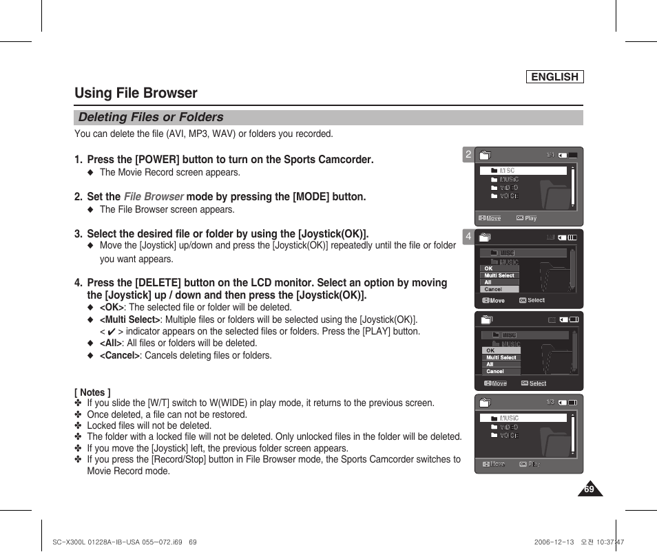 Deleting files or folders, Using file browser, English | The movie record screen appears, The file browser screen appears, Ok> : the selected file or folder will be deleted, All> : all files or folders will be deleted | Samsung SC-X300L-XAA User Manual | Page 73 / 119